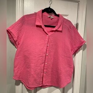 Lucky Brand Size L Pink Cotton Gauze Short Sleeve Button Shirt Beachy Resort
